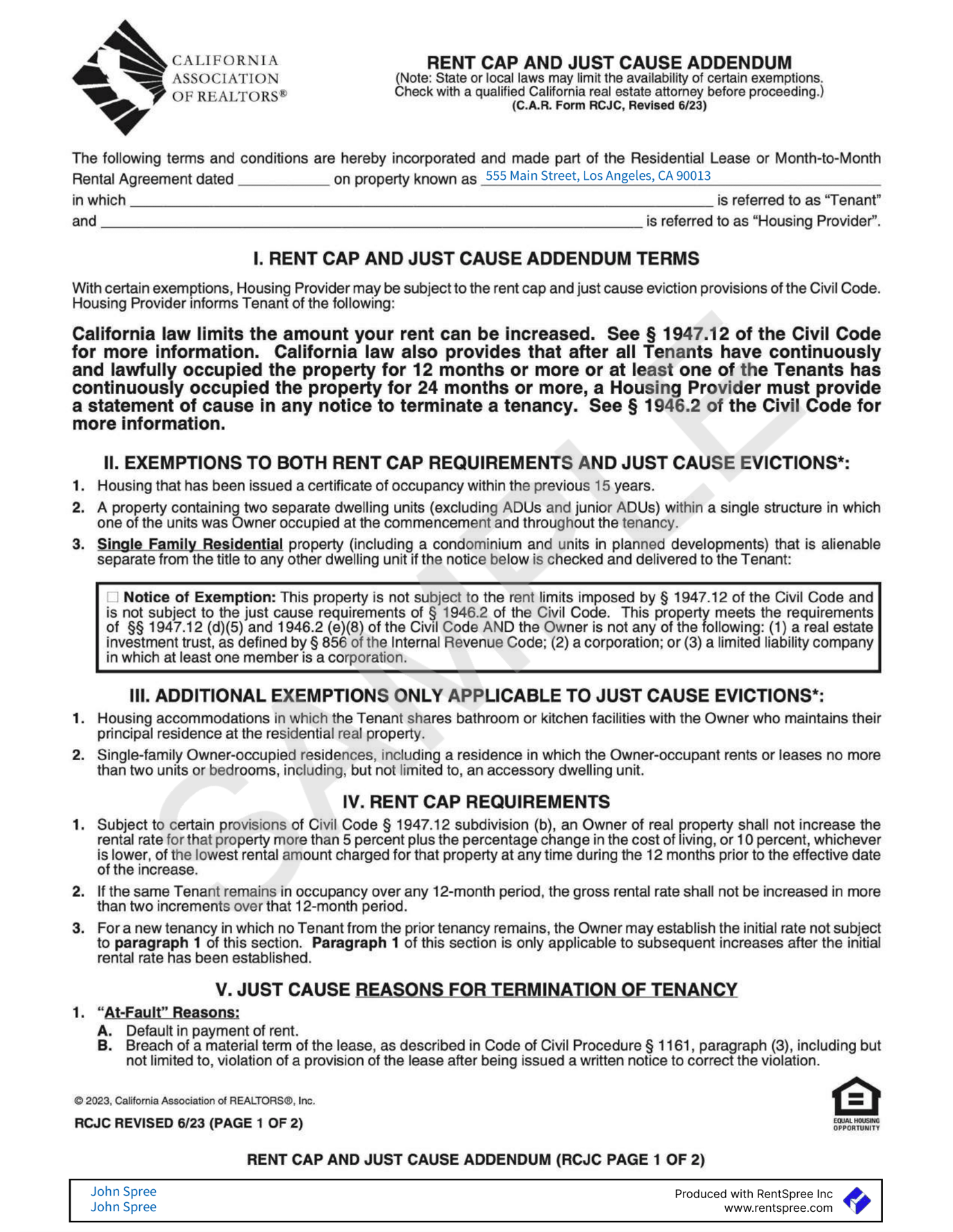 Sample Document: California Association of Realtors Sample Lease Agreement
